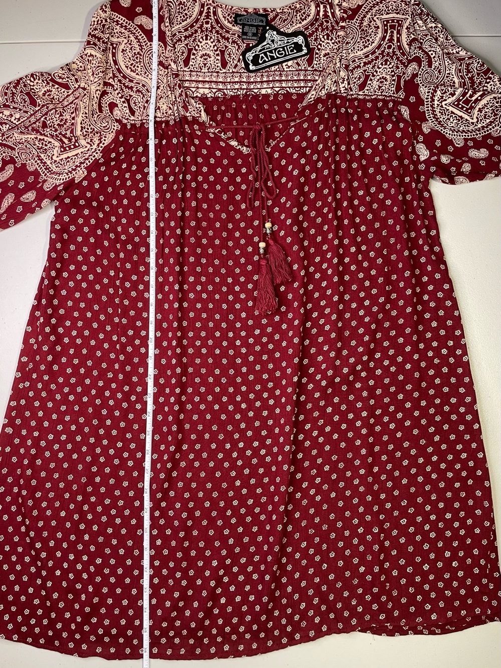 NWT Angie Women's 1X Boho Paisley Printed Bell-Sleeve Maroon Dress Festival - Picture 5 of 7